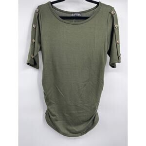 Due Time Maternity Olive Green Pregnancy Top Ruched 3/4 Sleeve NEW Large